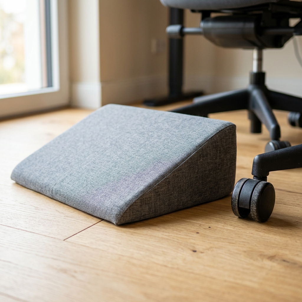 Grey angled foam ergonomic footrest wedge on a wooden floor beside an office chair