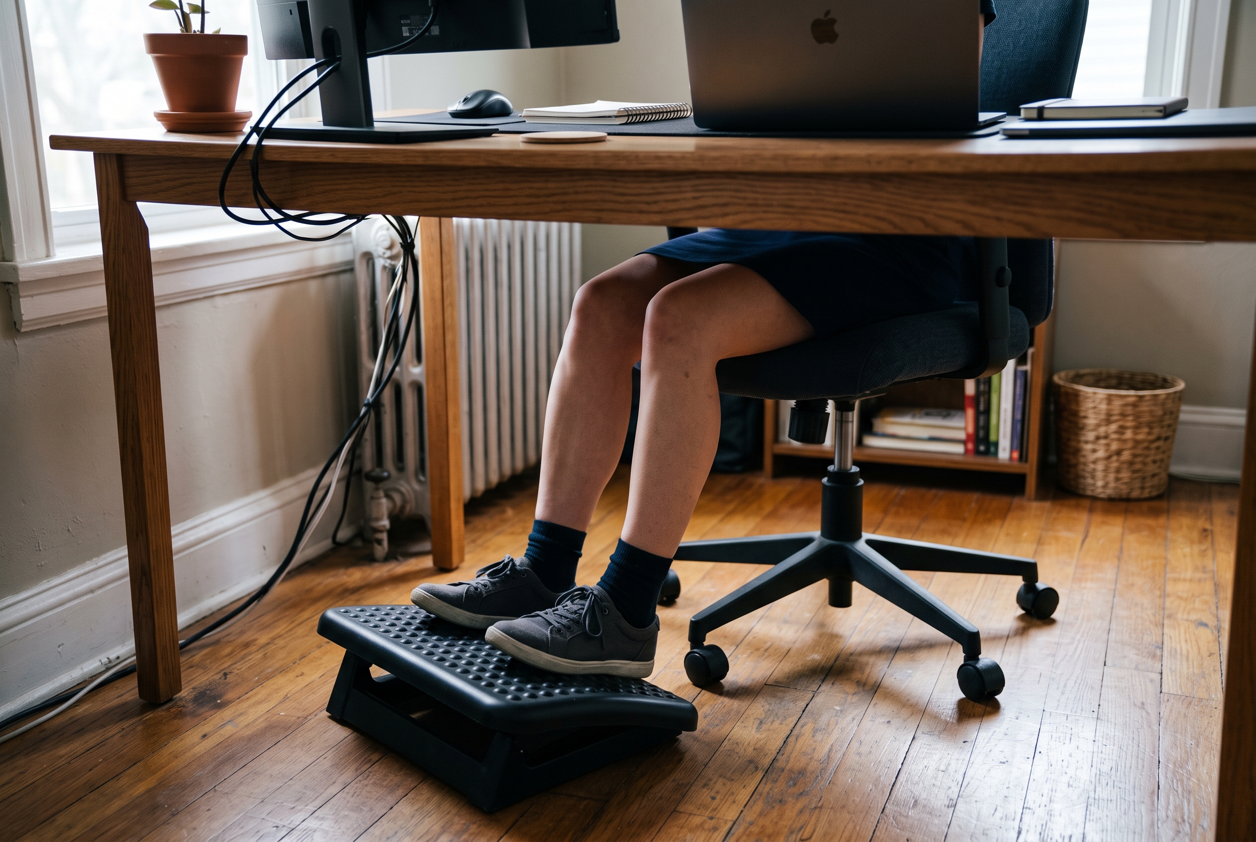 Short person seated at a desk with both feet flat on an adjustable ergonomic footrest tucked under the desk