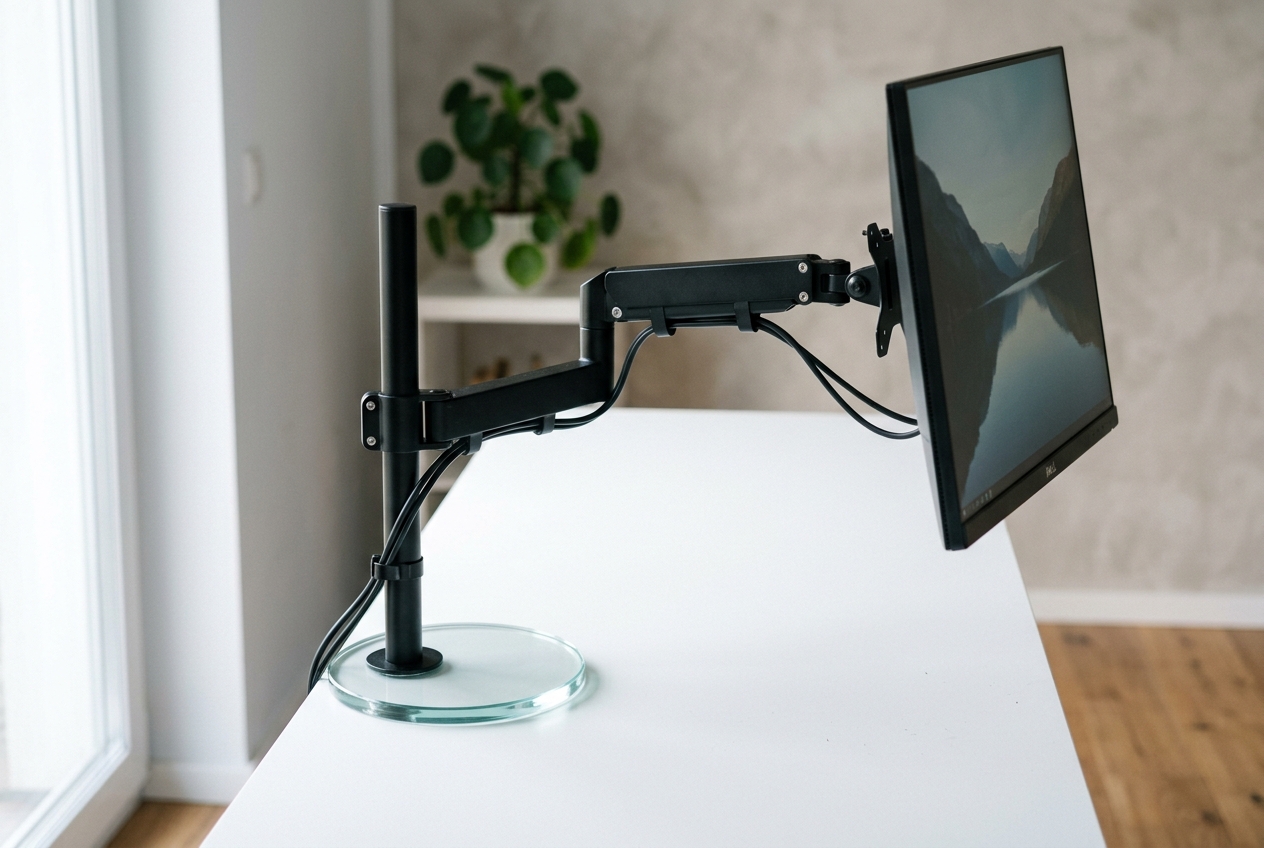 Freestanding dual monitor arm with a round glass base on a desk
