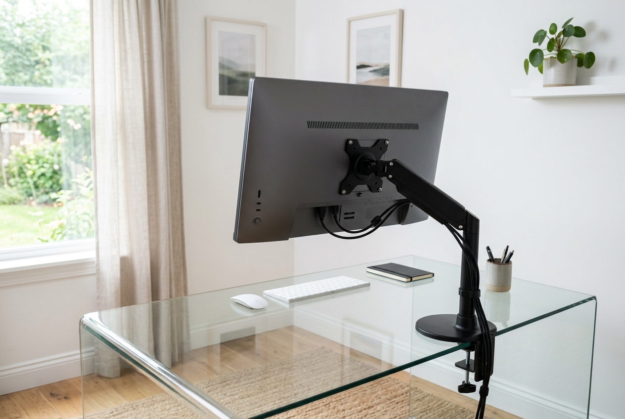 Monitor arm holding a monitor on a glass desk in a bright home office
