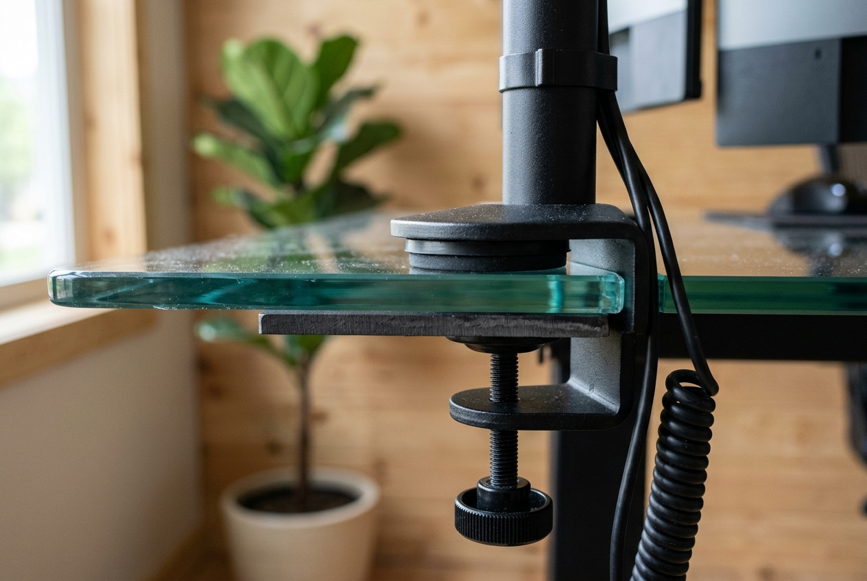 Steel reinforcement plate clamped under a glass desk with a monitor arm