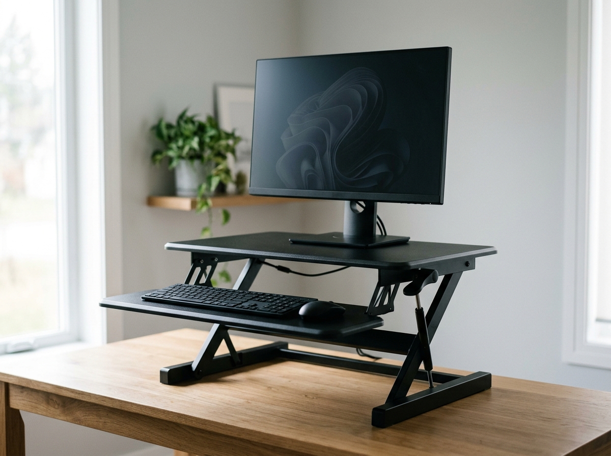 Standing desk converter sitting on a regular desk, lifting a monitor to standing height