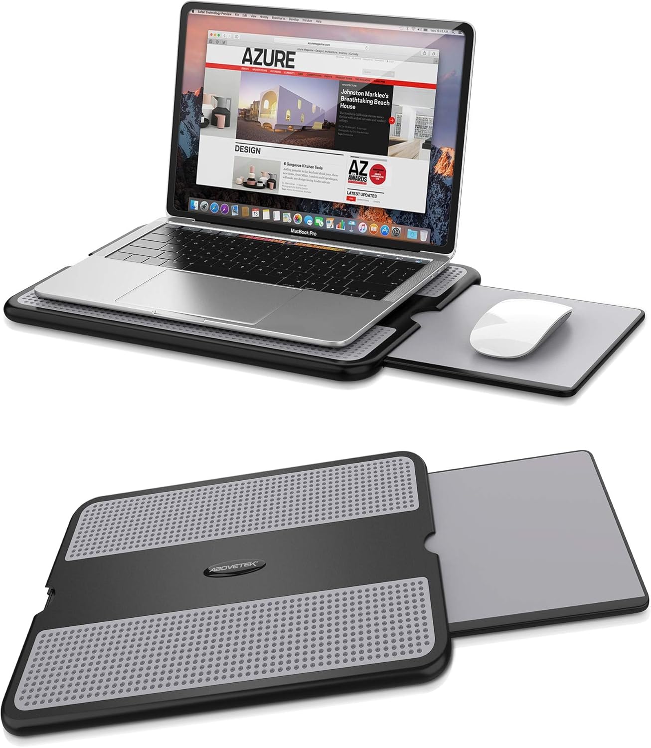 AboveTEK portable lap desk with a slide-out mouse tray shown holding a laptop and mouse
