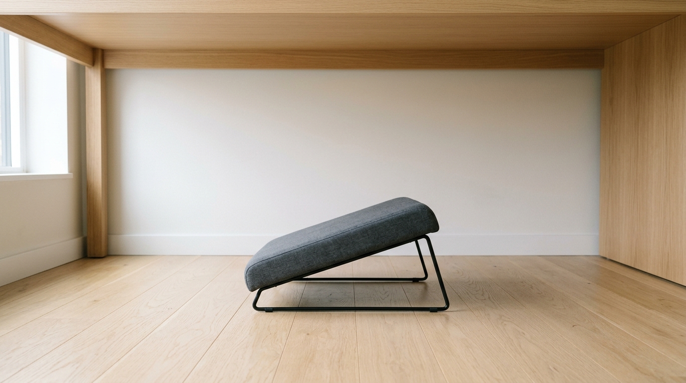 Gray memory foam adjustable footrest on a metal frame under a wooden desk