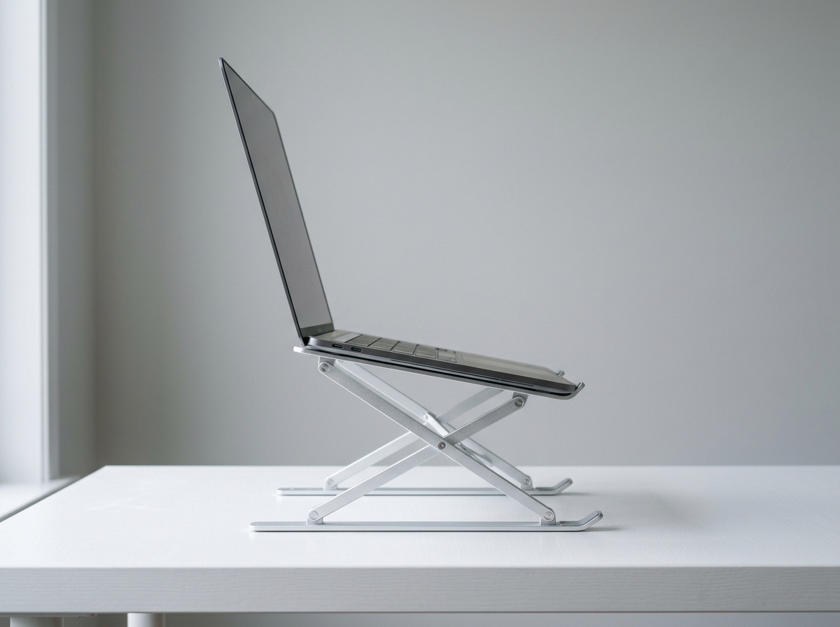 Foldable aluminum laptop stand raising a laptop with open cooling vents underneath