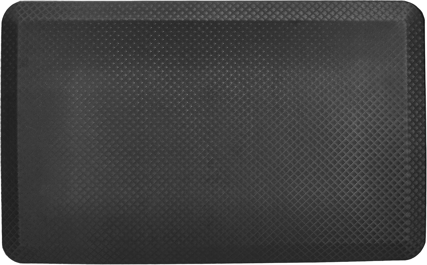 Plain black rectangular Amazon Basics anti-fatigue standing mat with a lightly textured top