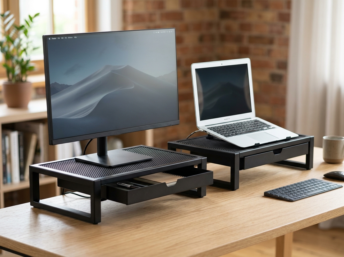 BONTEC two-pack adjustable monitor risers with mesh platforms and drawers on a desk