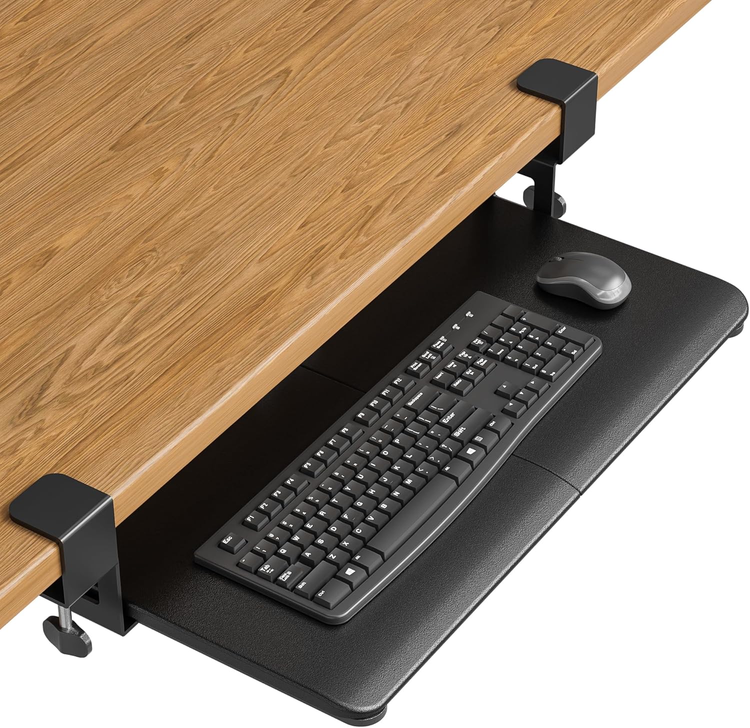 BONTEC black clamp-on under-desk keyboard tray with pull-out keyboard and mouse platform