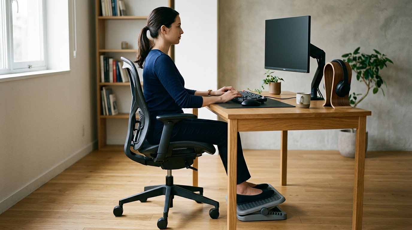 Side view of a remote worker at a home desk with screen at eye level and a separate keyboard