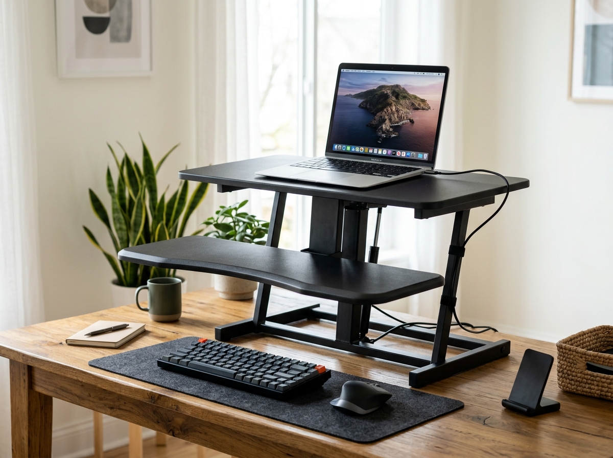 Two-tier budget standing desk converter with laptop raised on a desk