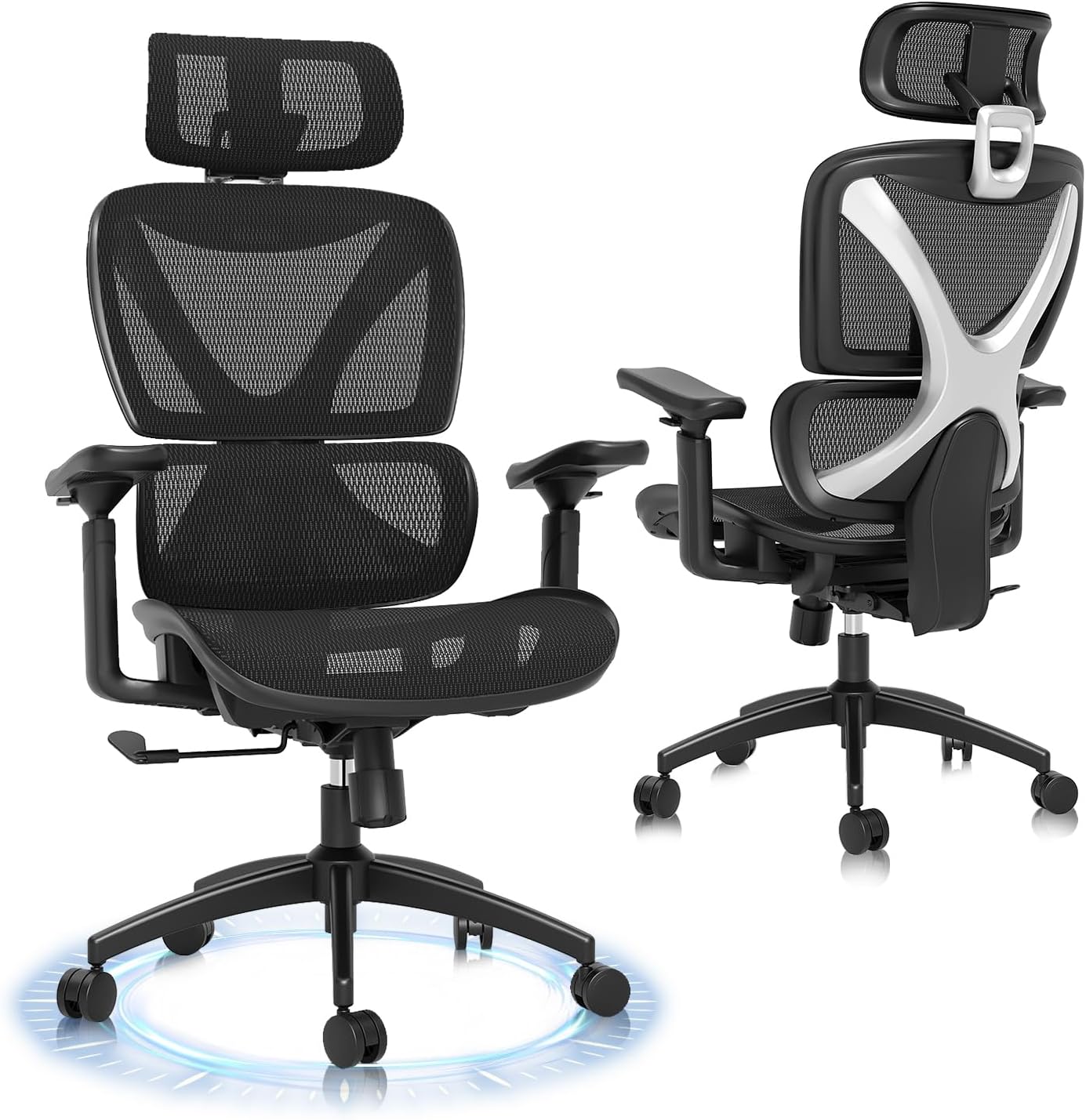 GABRYLLY big and tall mesh office chair with 3D rotating armrests, headrest and black five-star base