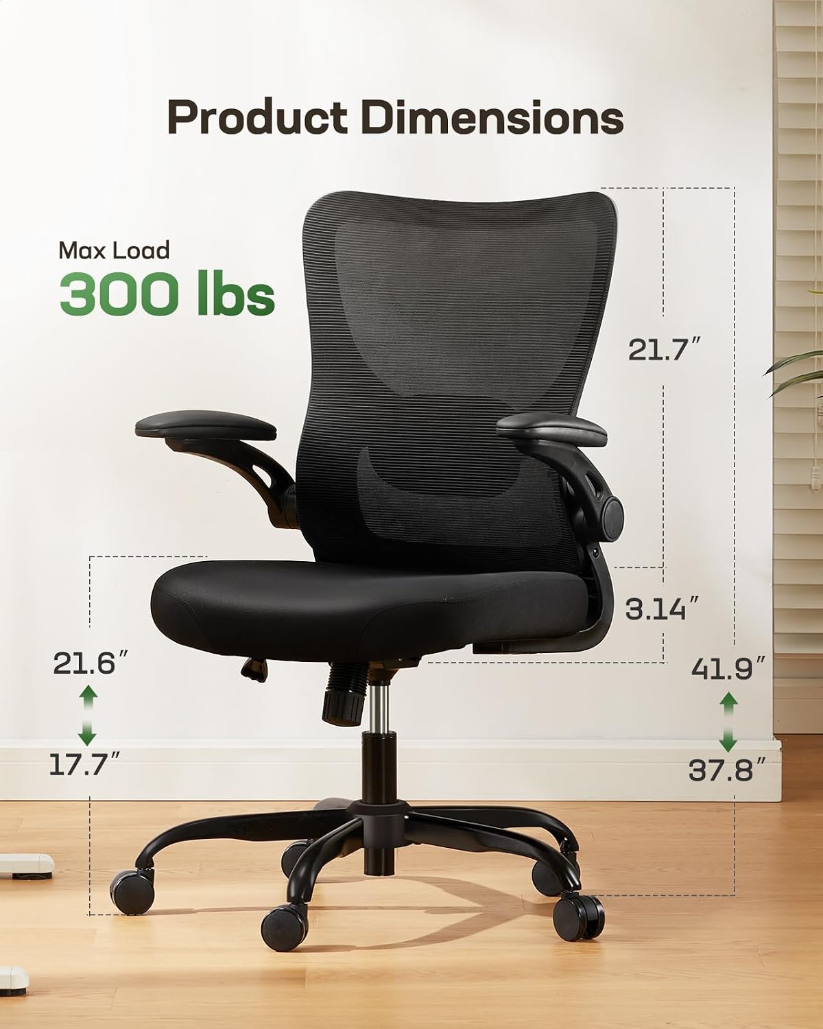 Marsail black mesh ergonomic office chair with PU padded armrests on a compact home office floor