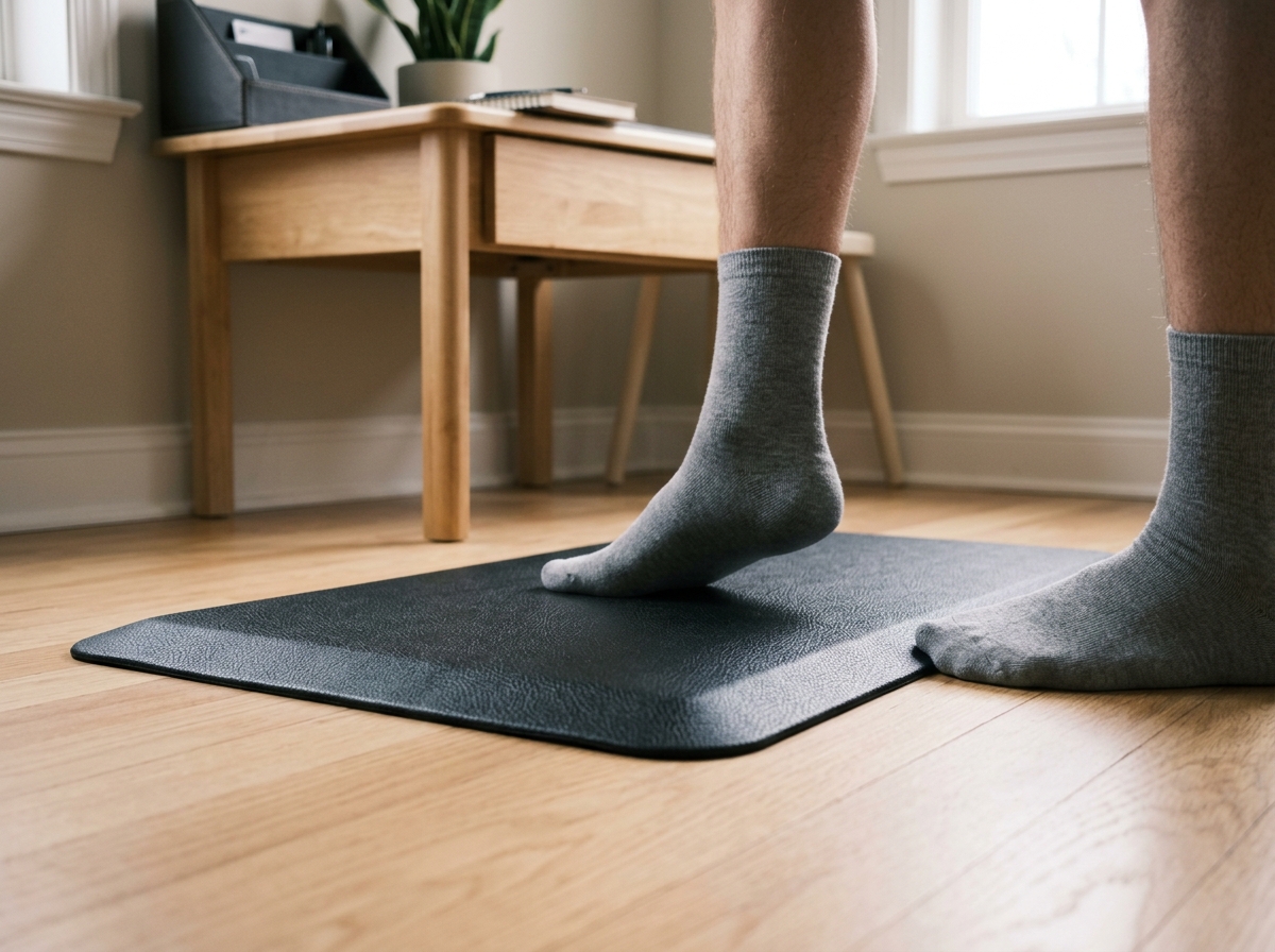 Socked feet stepping onto the beveled edge of a black anti-fatigue mat in front of a compact desk