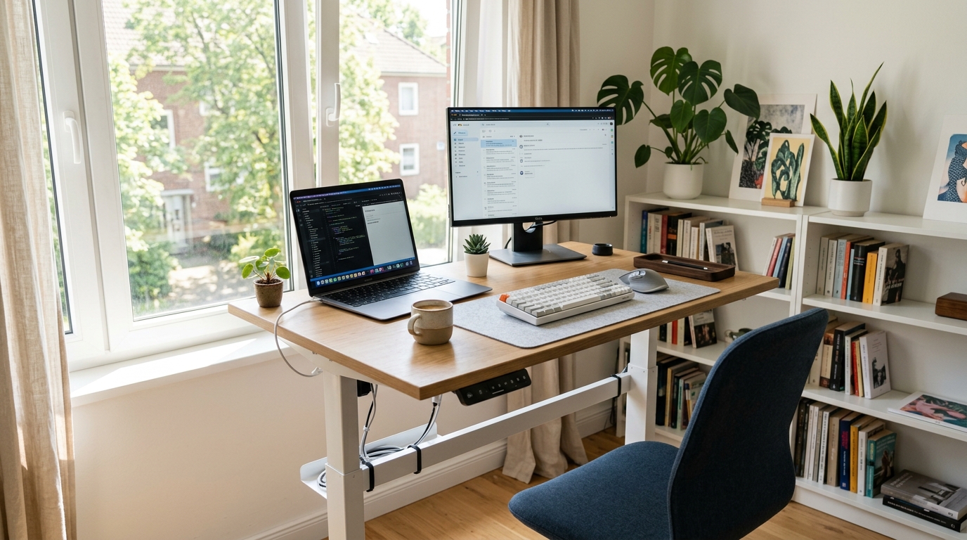 Compact electric standing desk in a small home office