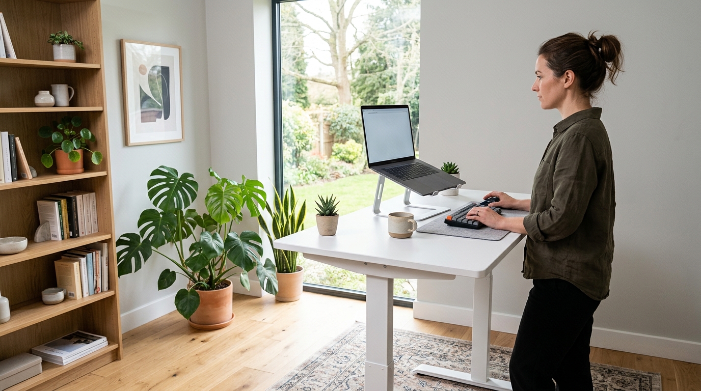 Remote worker standing at an electric height-adjustable desk in a home office