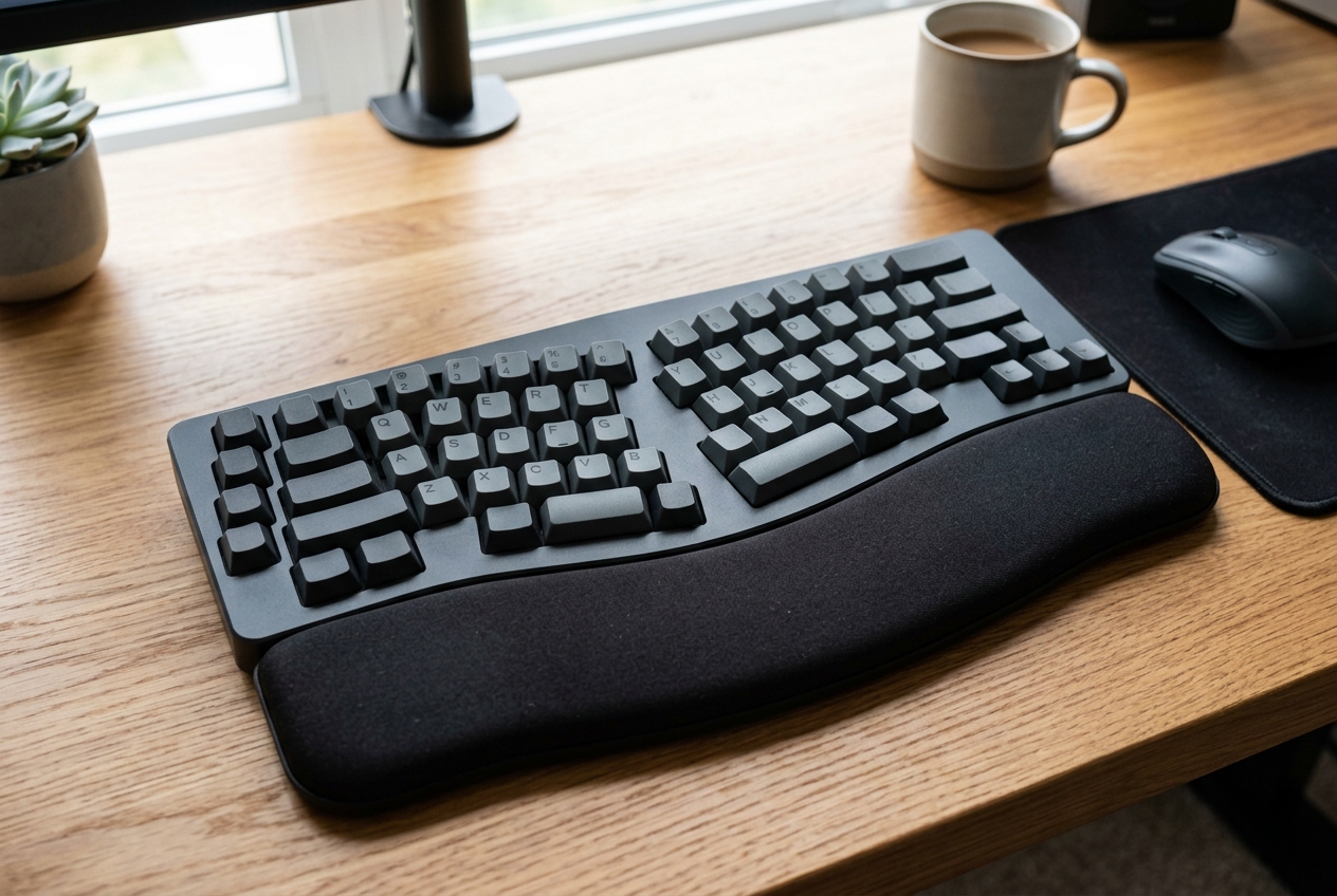 Curved split ergonomic keyboard with a padded wrist rest on a desk