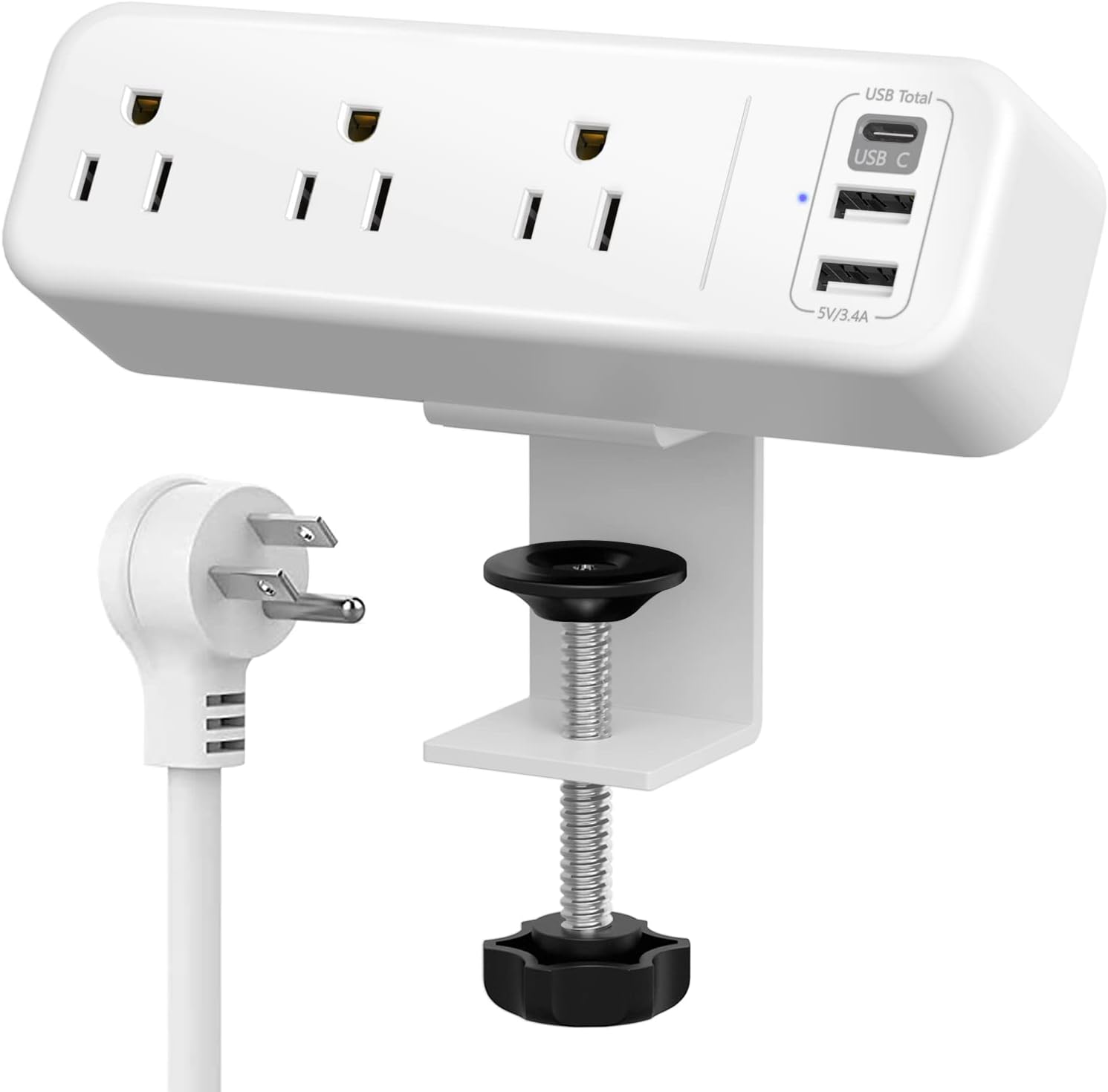 White desk-clamp power strip with USB-C port mounted on a desk edge
