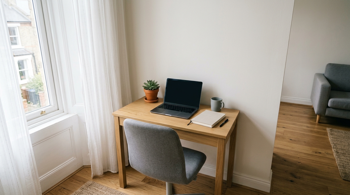 Compact desk placed in the corner of a small apartment room beside a window