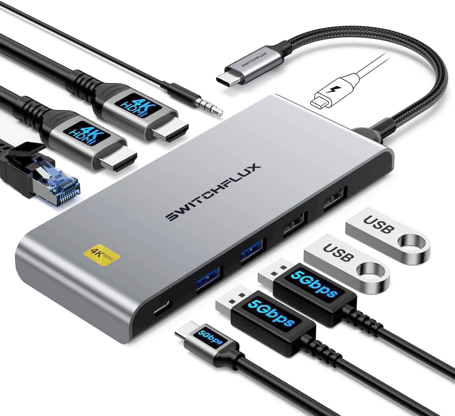 SWITCHFLUX 10-in-1 USB-C docking station with HDMI and USB ports