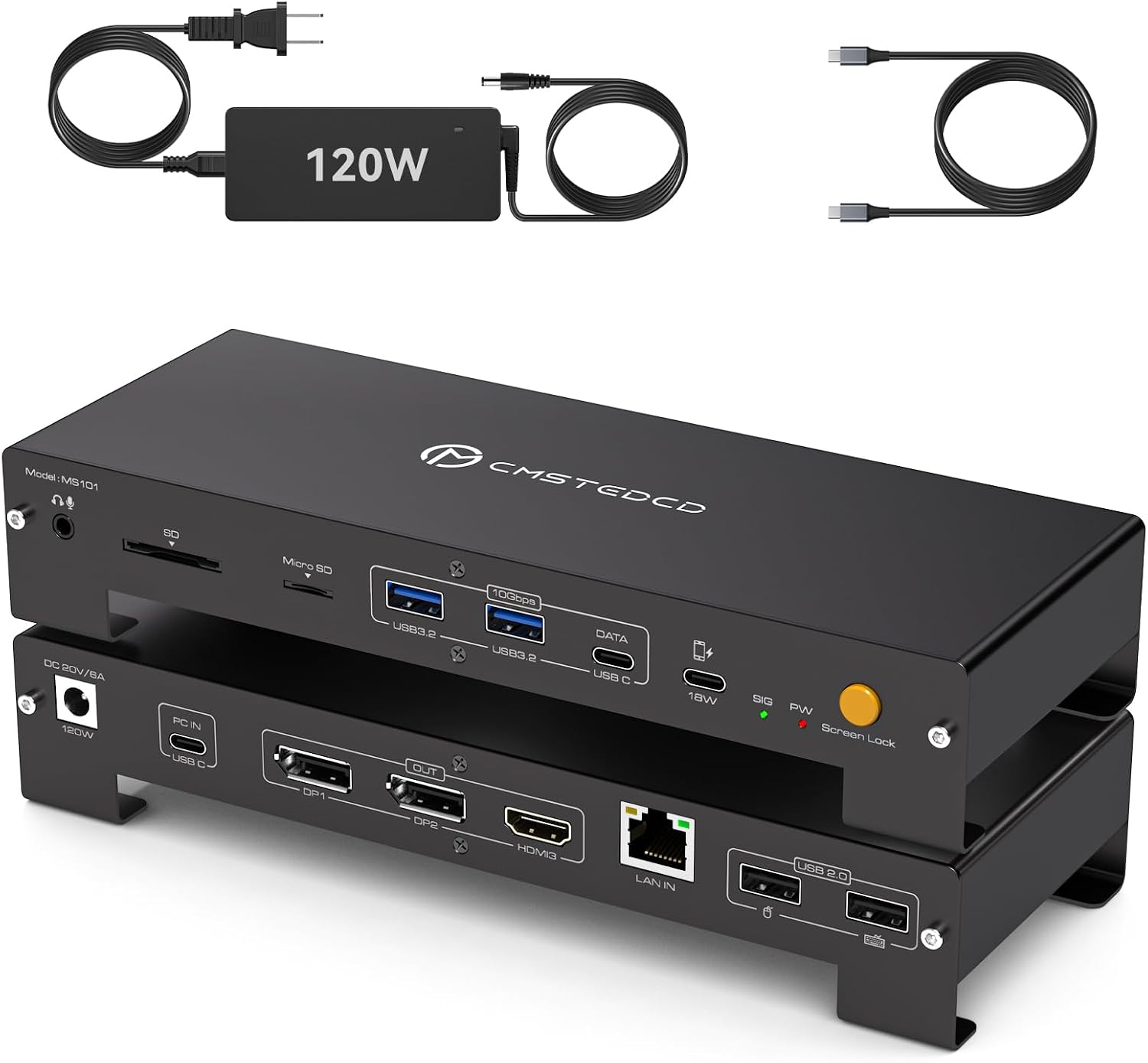 15-in-1 USB-C docking station with triple 4K DisplayPort and HDMI outputs and 120W power supply