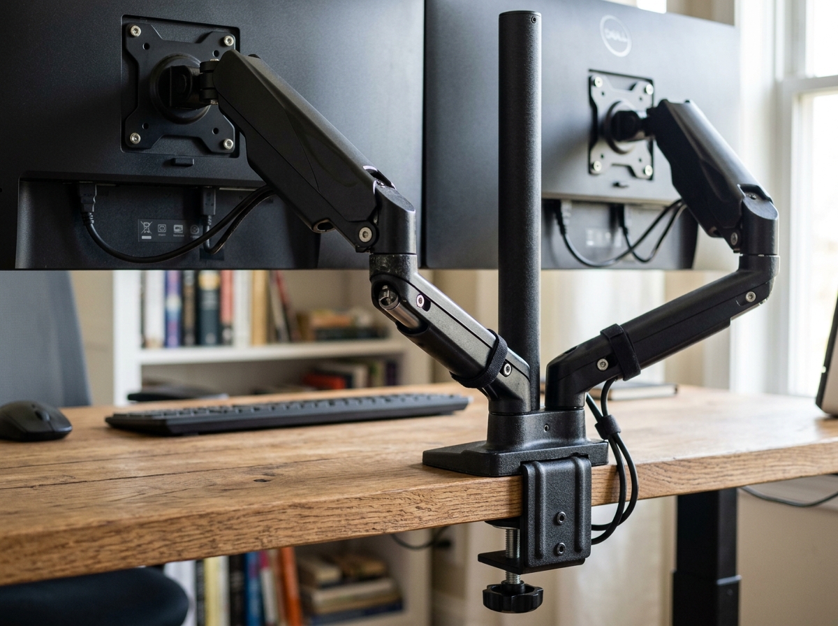 Close-up of a dual monitor arm clamp and gas spring holding two screens