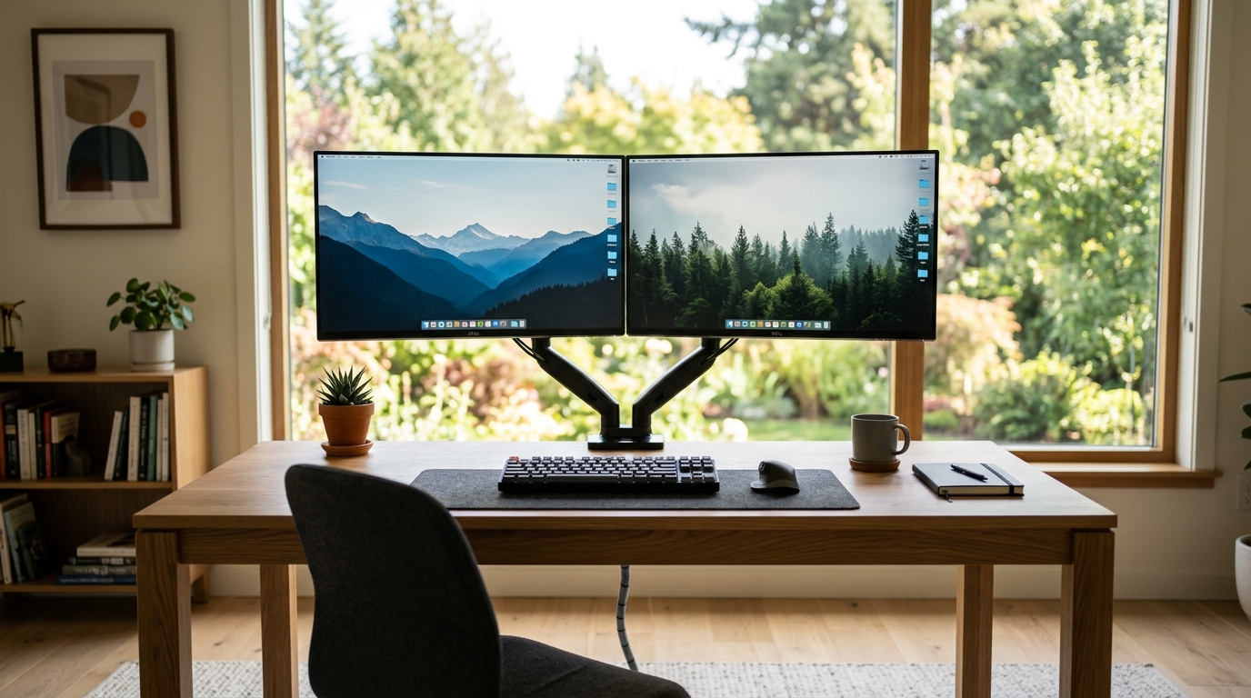Dual monitor arm holding two monitors at eye level on a home office desk
