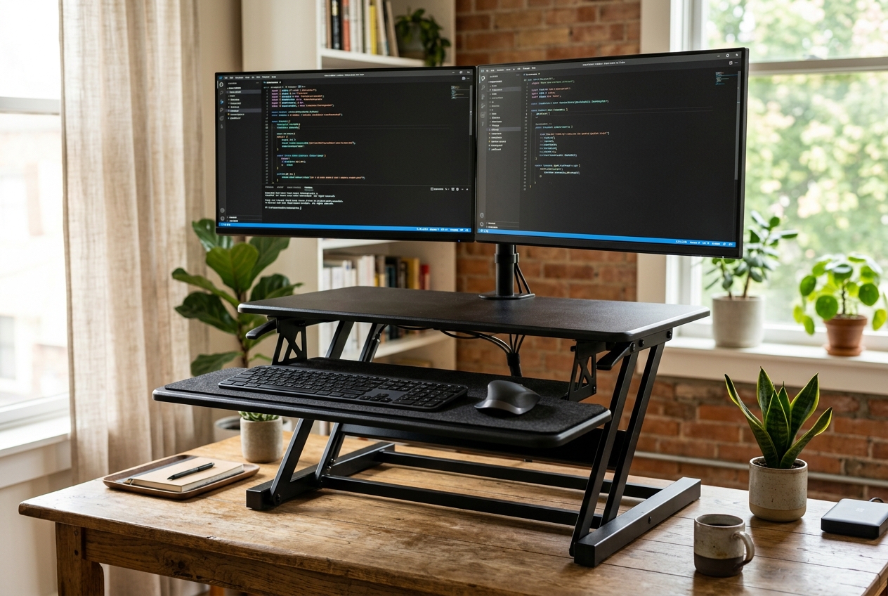 Standing desk converter raised to standing height holding two monitors on a wooden home office desk