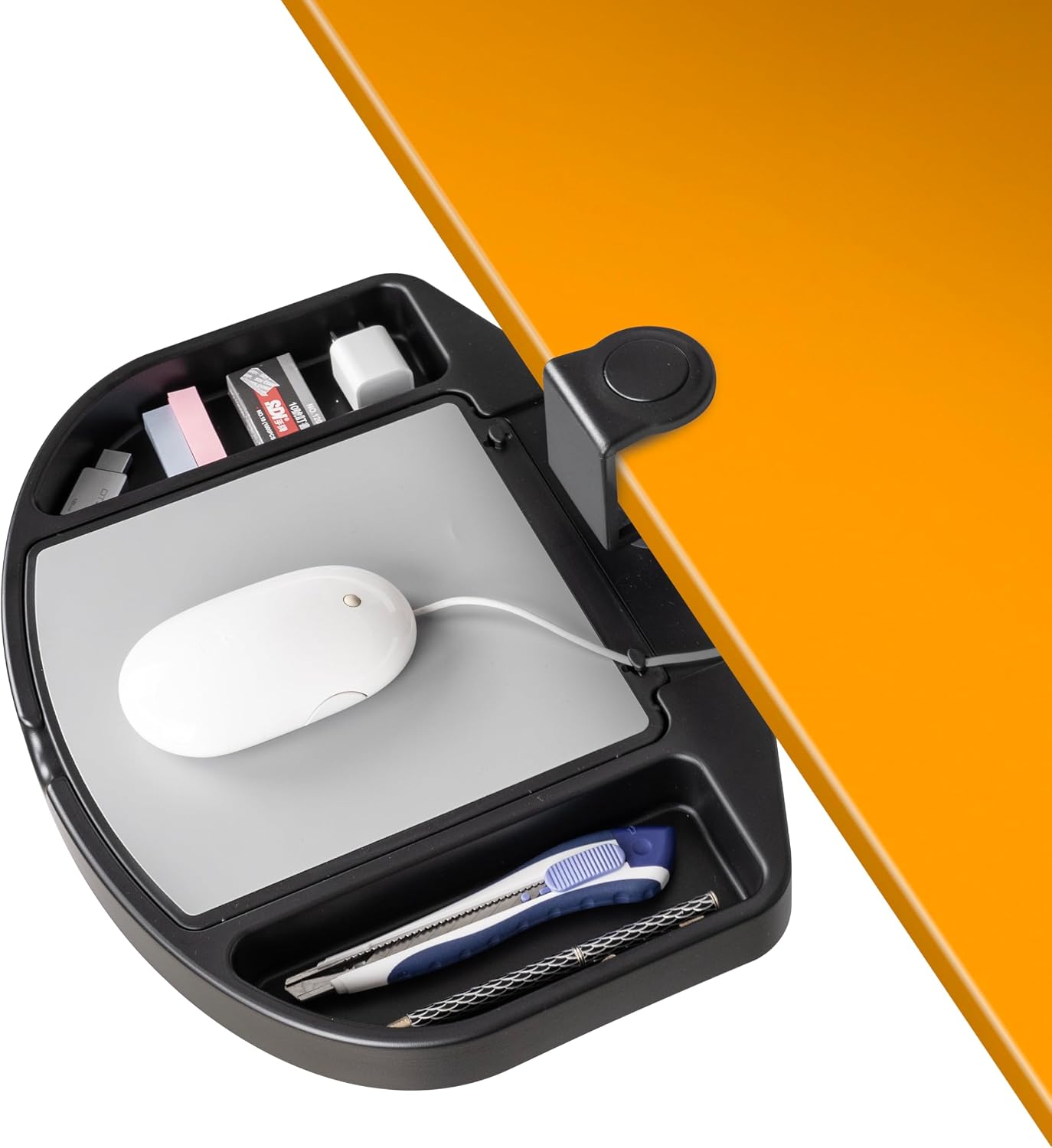 EHO clamp-on under-desk organizer with pencil drawer and swivel tray mounted beneath a desktop