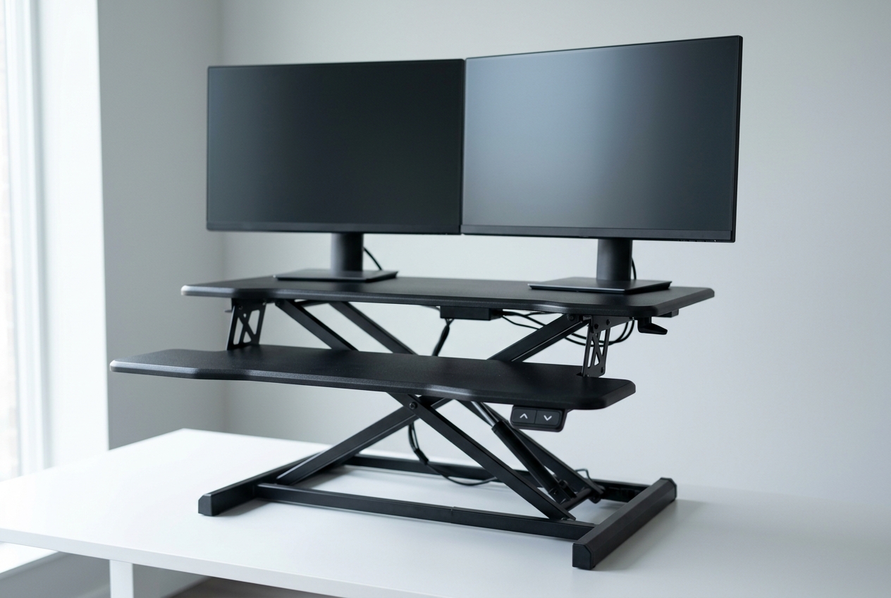 Electric standing desk converter with push-button control pad holding two monitors