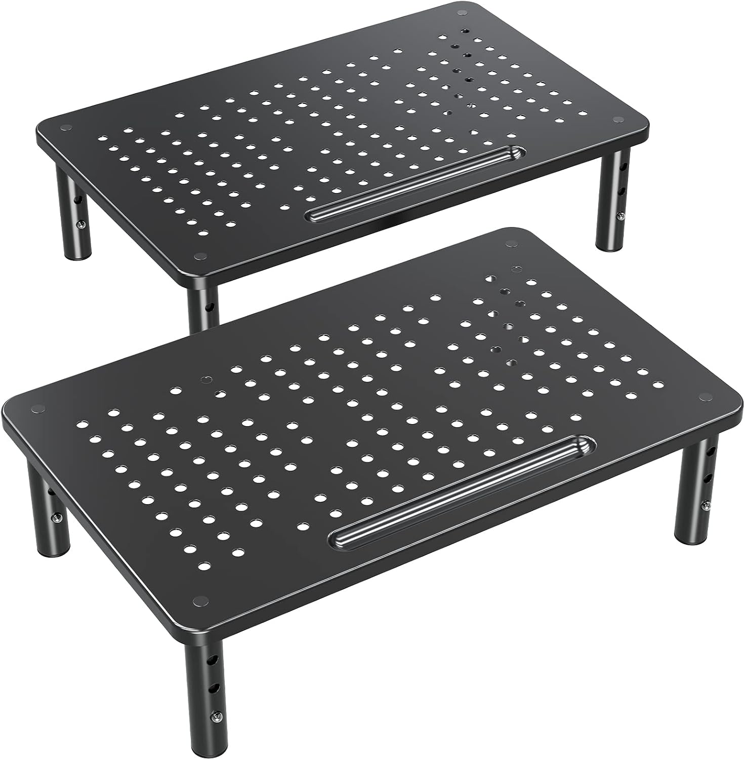 ELIVED two-pack black monitor stand risers with perforated platforms side by side