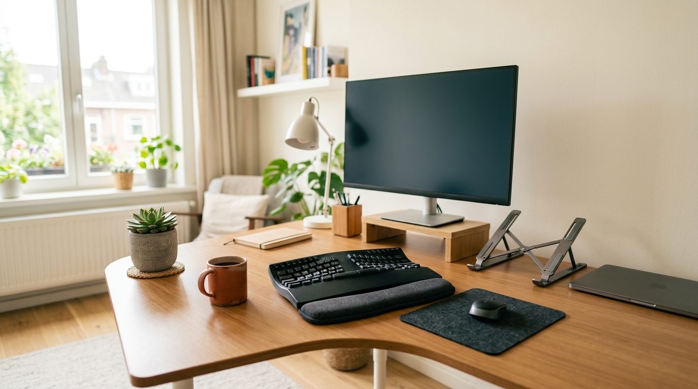 Small home office desk with a curved split ergonomic keyboard in front of a monitor on a riser