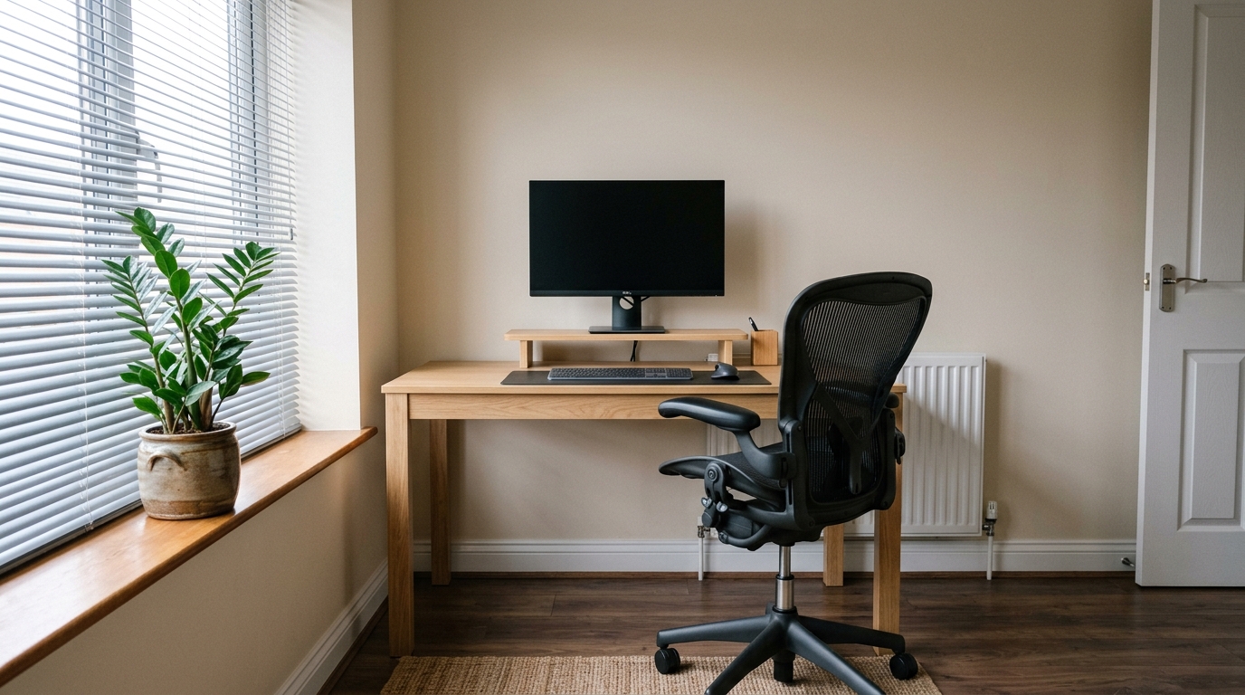 Wide view of a small home office with a black mesh ergonomic office chair at a wooden desk
