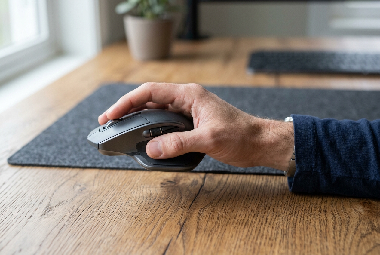 Sculpted ergonomic wireless mouse resting under a relaxed hand on a desk