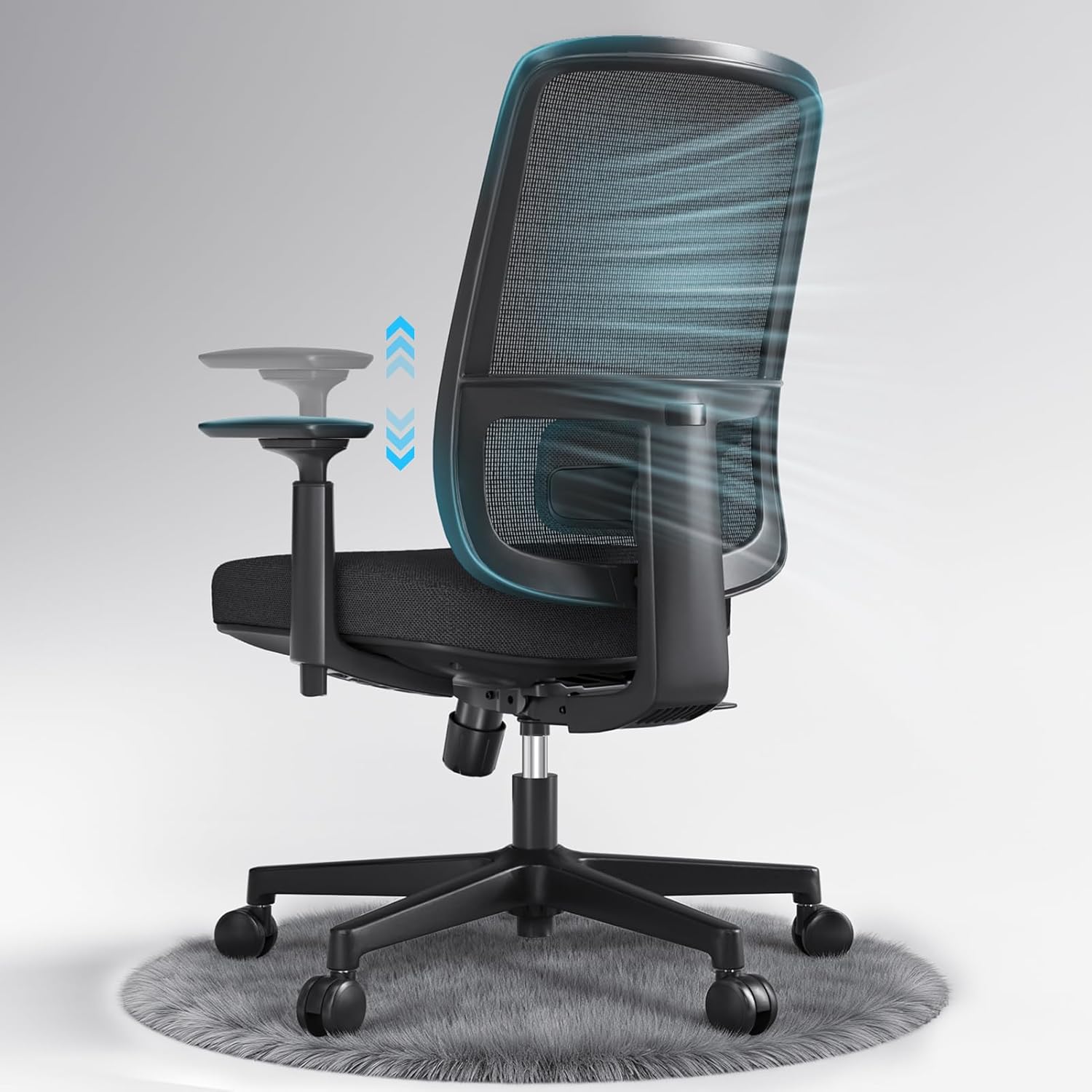 ErgoSift M1 ergonomic office chair with mesh back and black five-star base on a grey rug