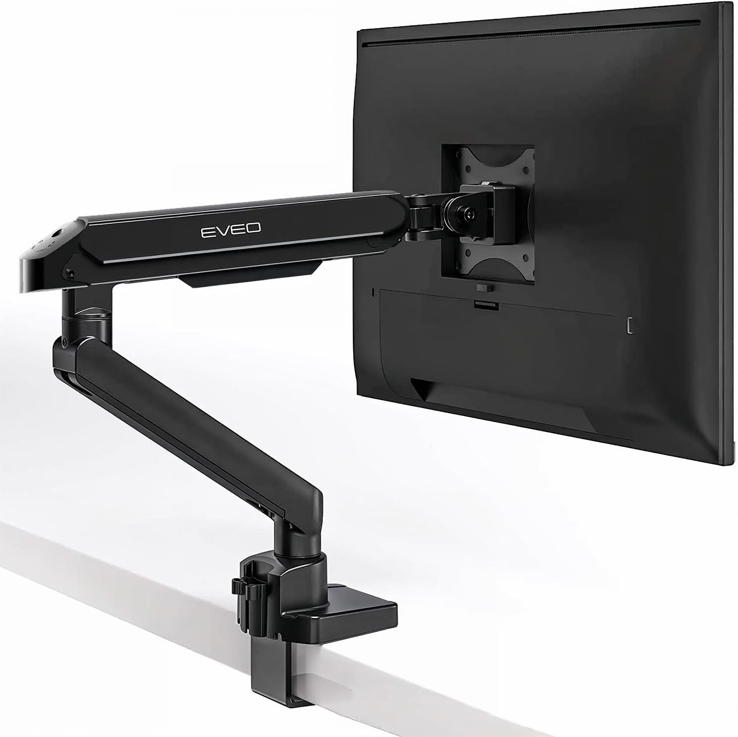 EVEO Premium gas spring single monitor arm clamped to a desk edge, product photo