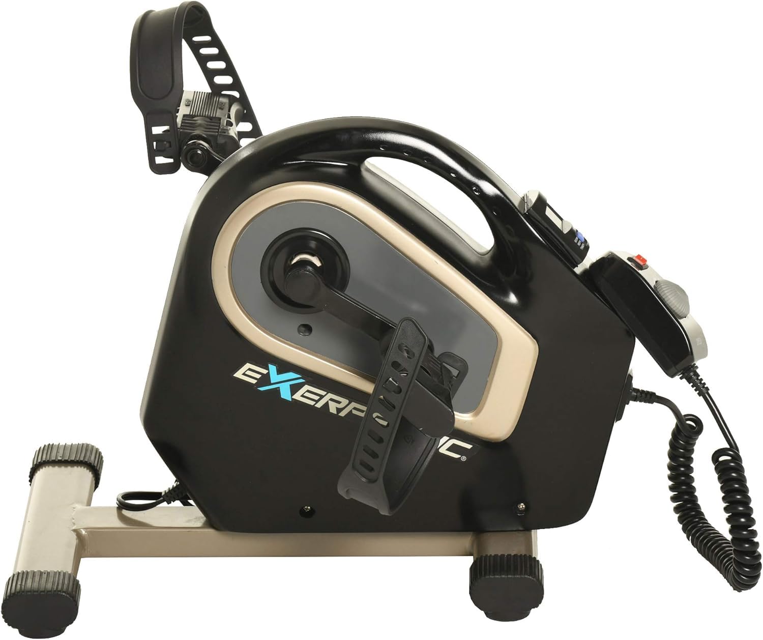 Black Exerpeutic 2000M motorized under-desk exercise bike with pedal arms and wired remote