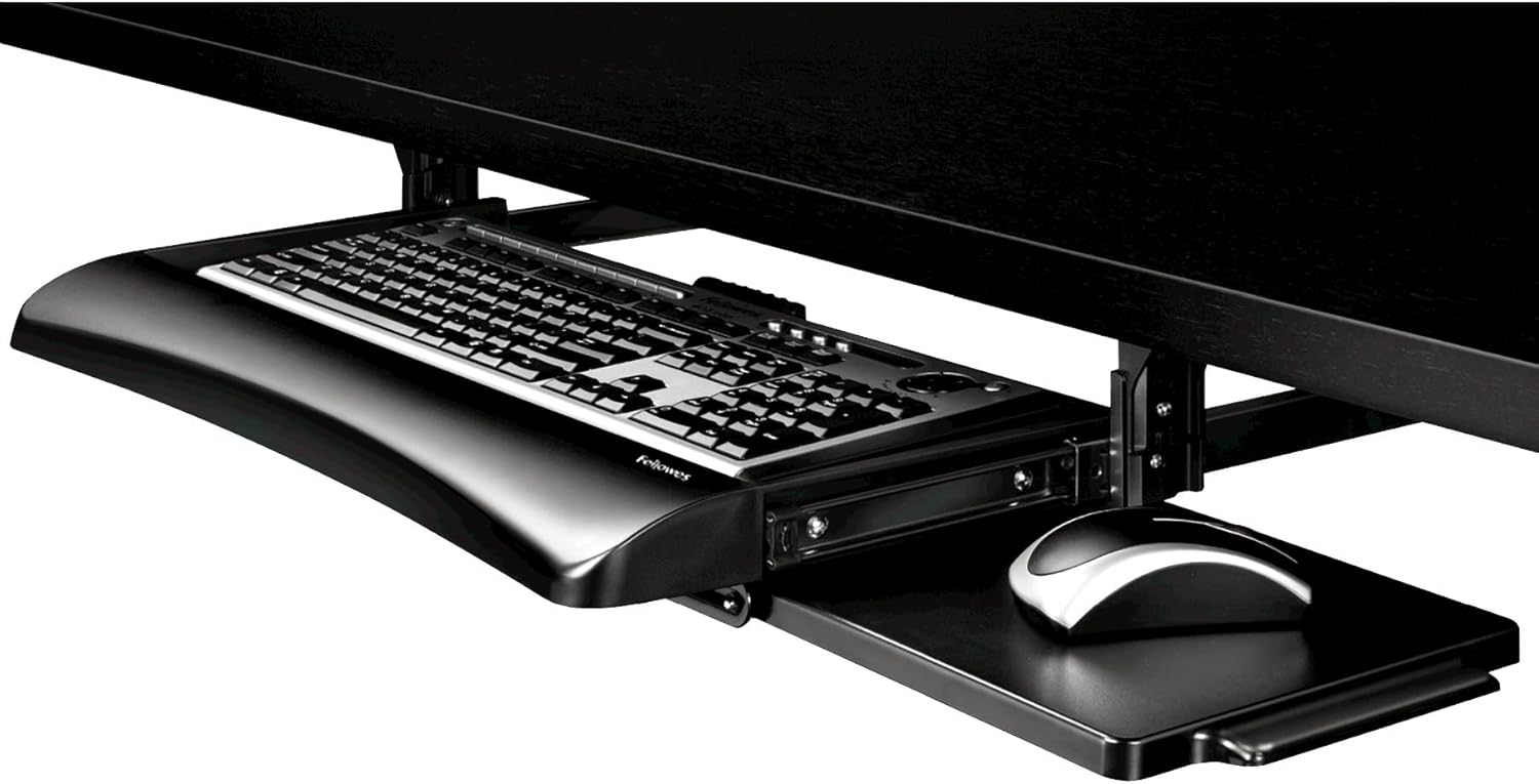 Fellowes Office Suites black underdesk keyboard drawer with attached mouse tray