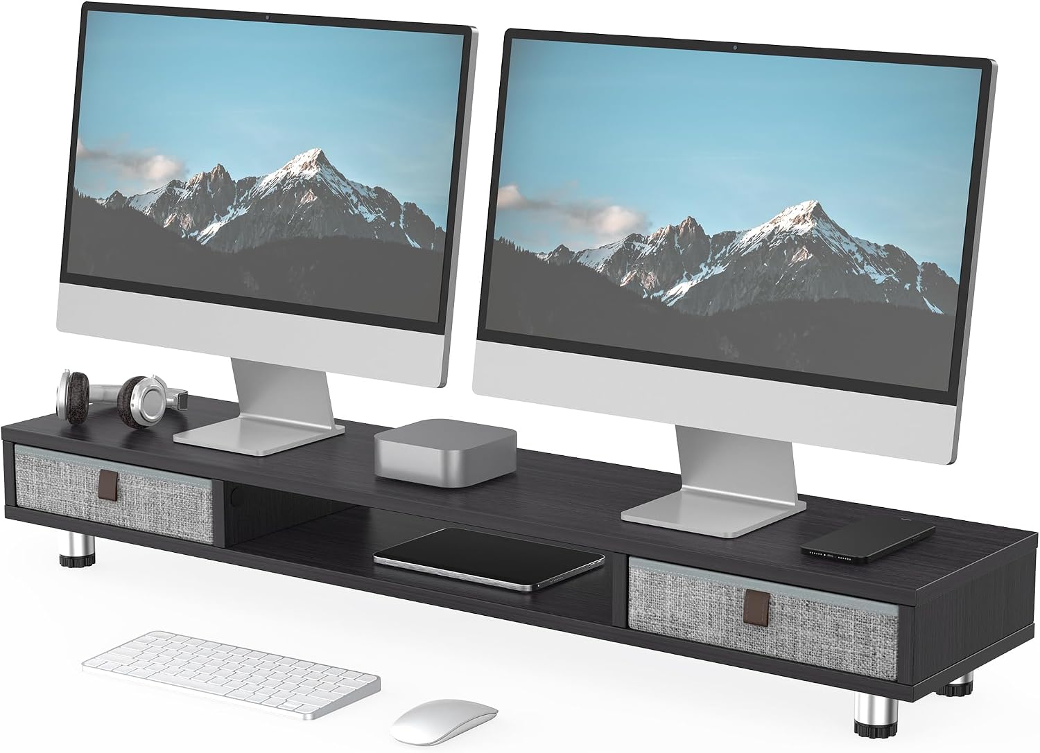 Fenge black two-tier dual monitor stand with fabric drawers in a home office
