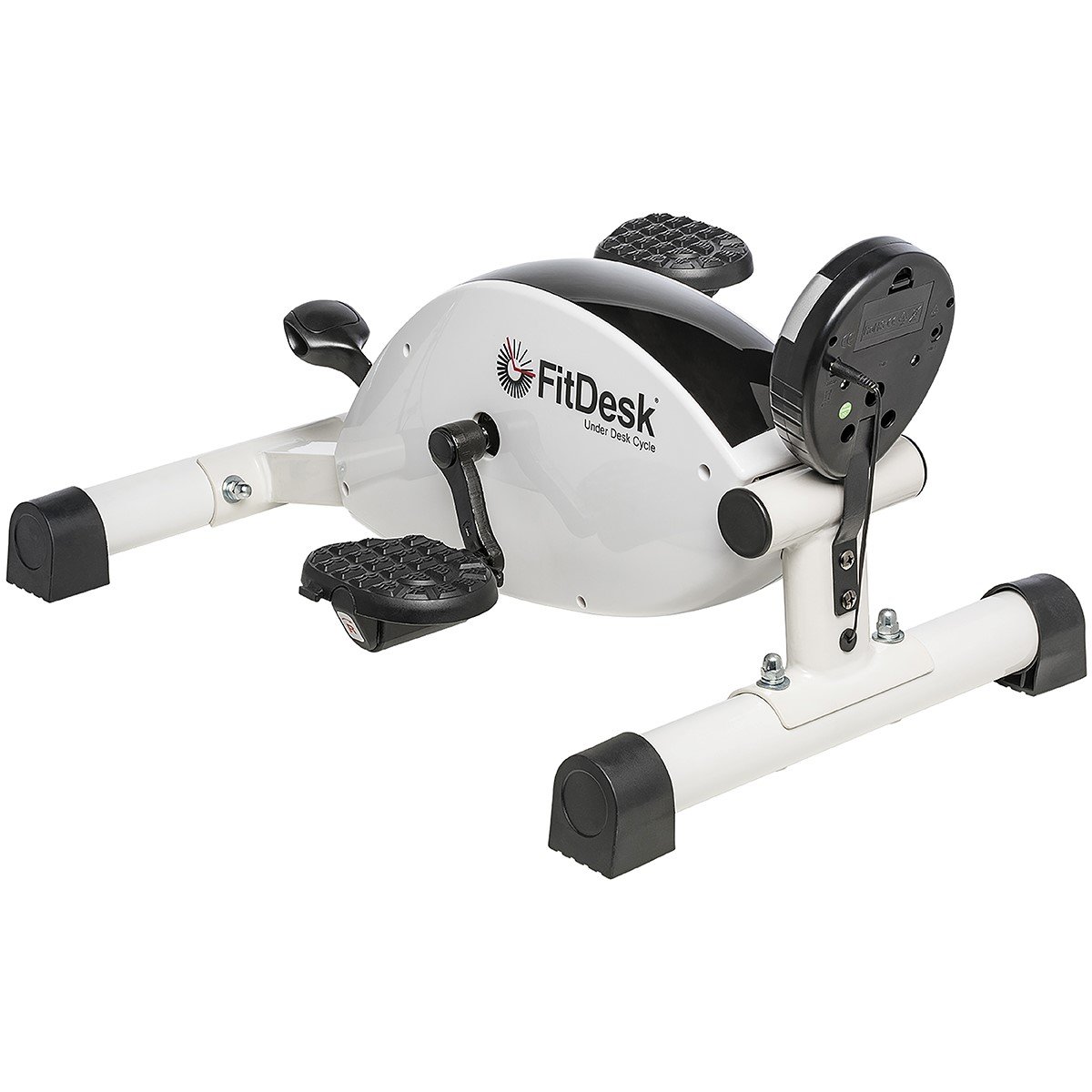 Black FitDesk under-desk bike exercise machine with magnetic pedal resistance on a white background