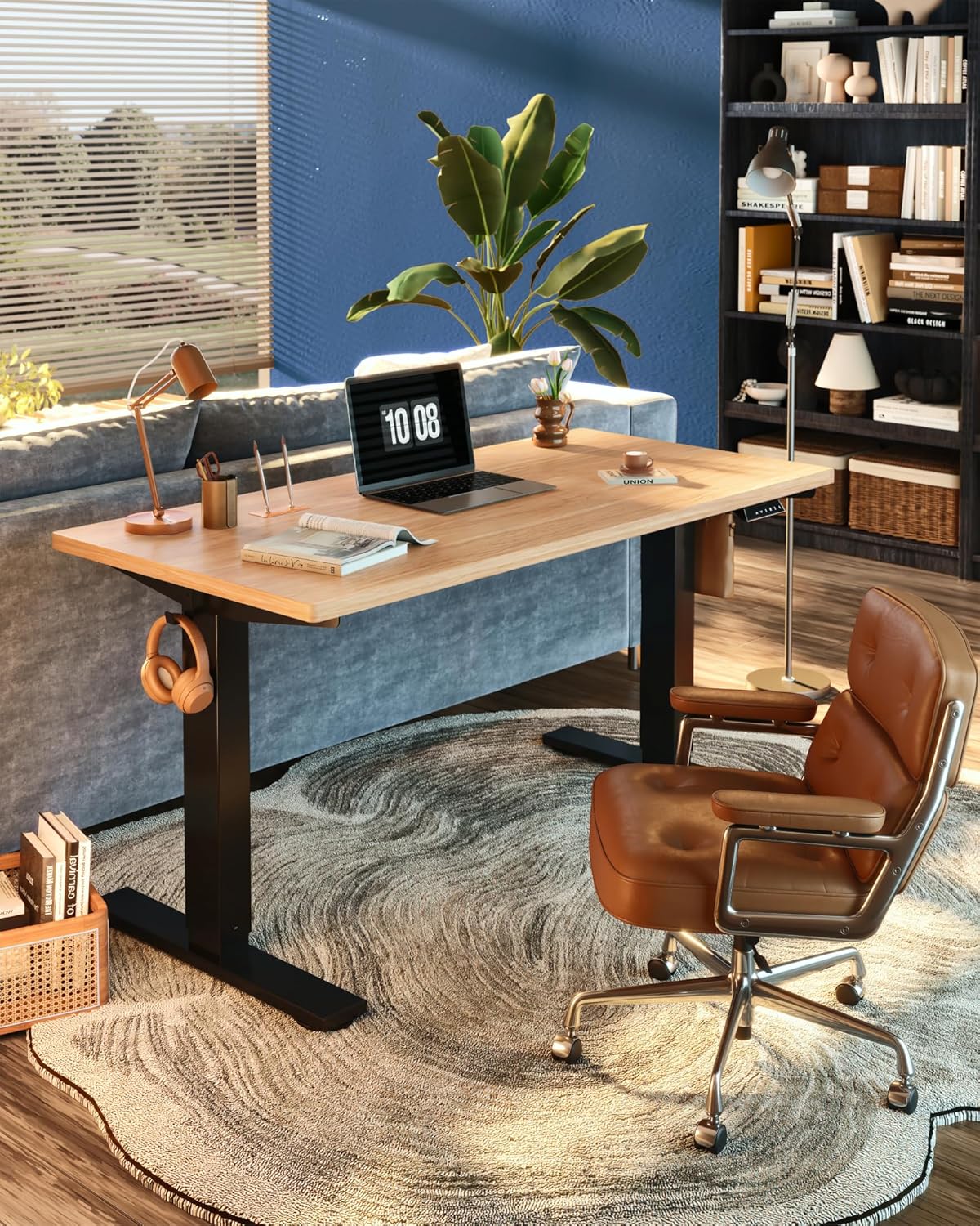 FLEXISPOT EN1 48 x 30 inch one-piece maple electric standing desk in a home office, product photo