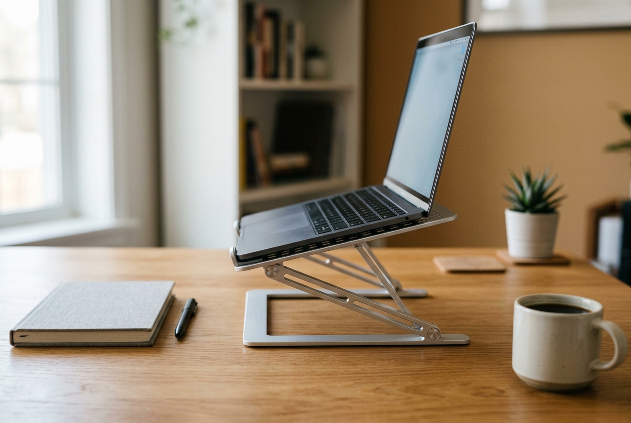 Foldable aluminum laptop stand raising a laptop screen to eye level on a home office desk