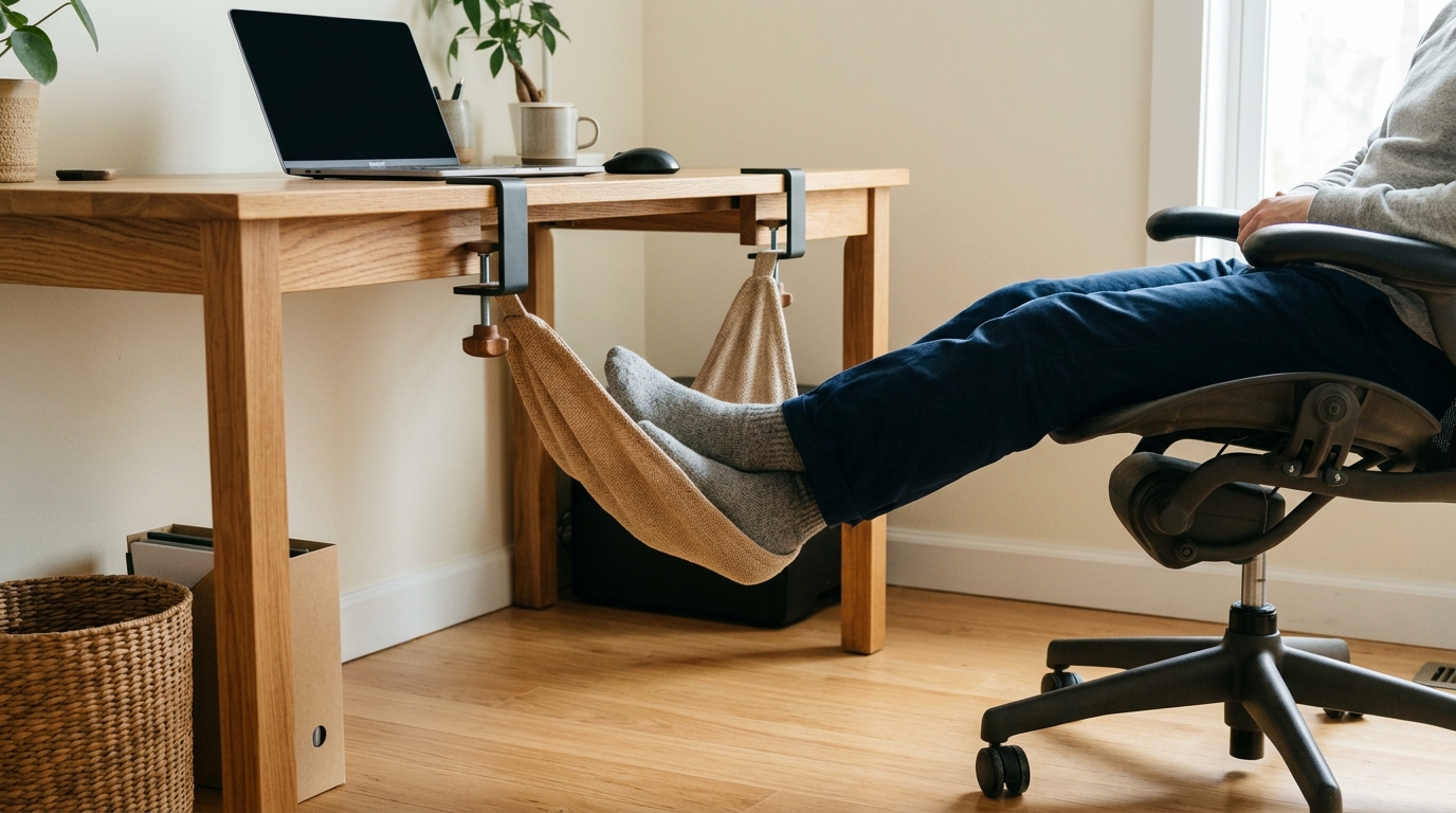Under-desk foot hammock holding a seated person's feet beneath a wooden desk
