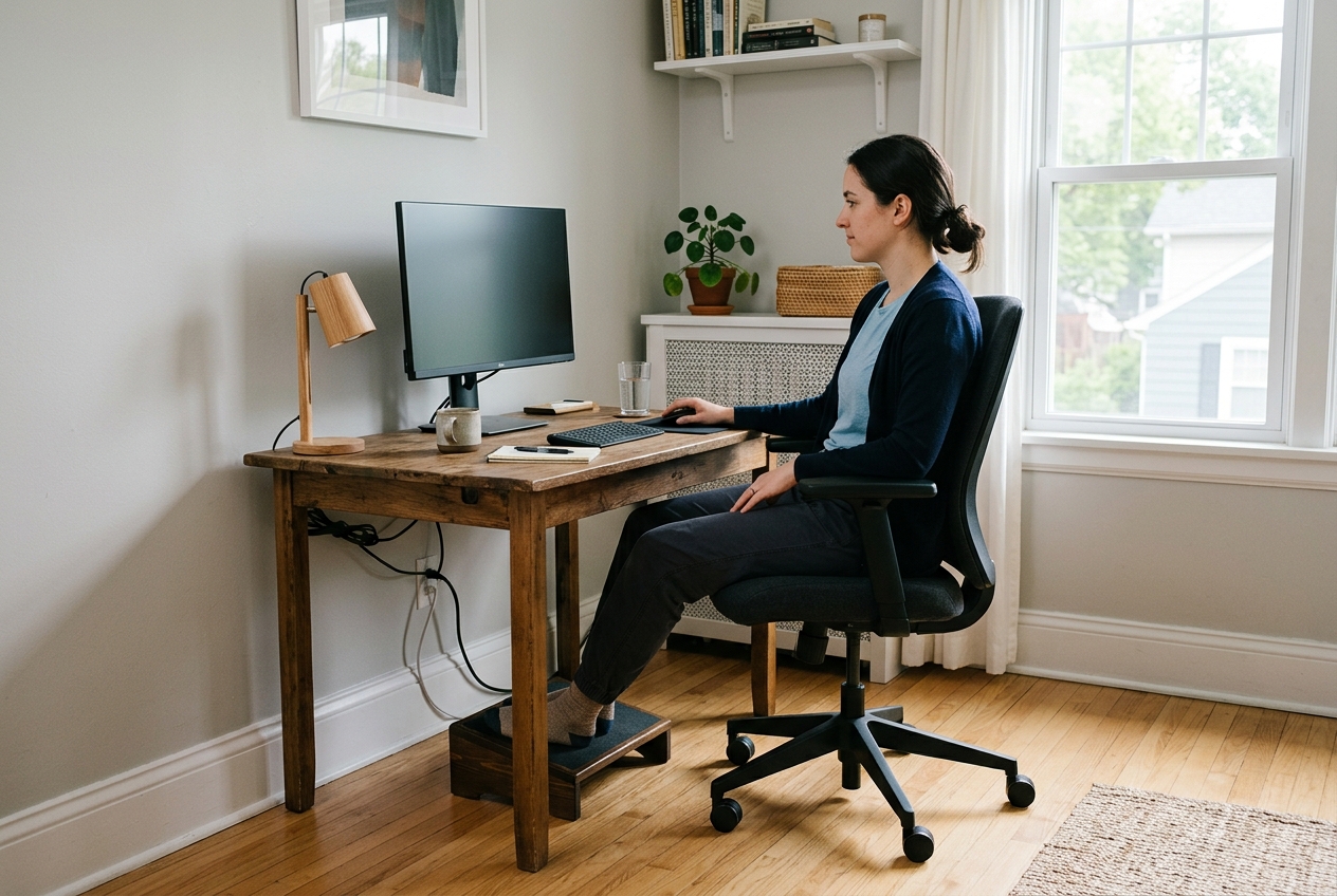 Person seated at a small home office desk with both feet resting on a low footrest so the thighs stay level