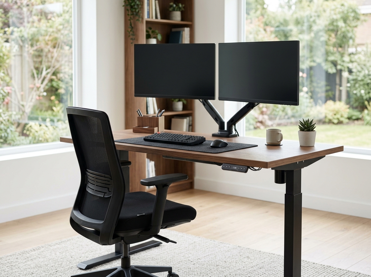 Full electric adjustable standing desk with dual monitors in a home office