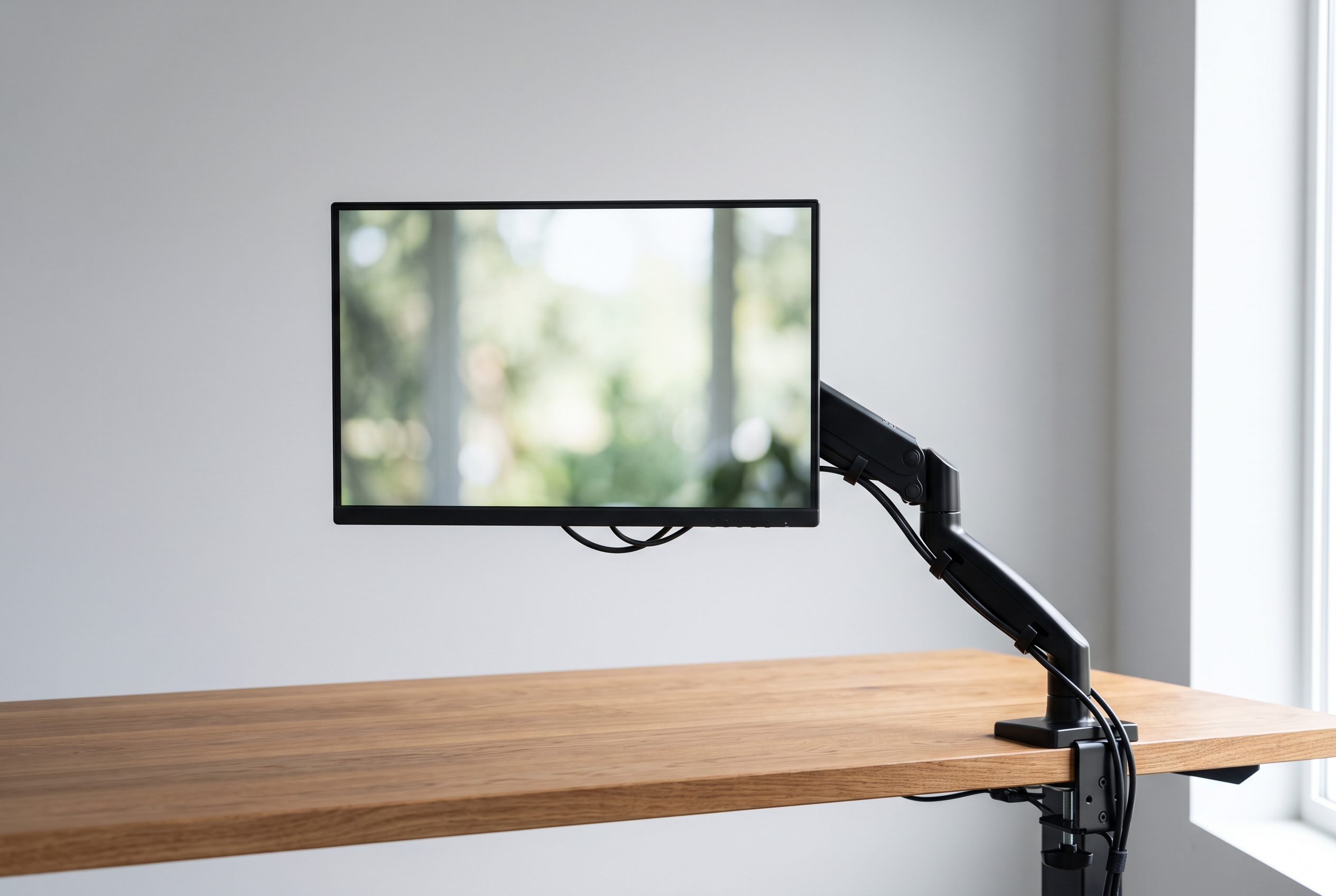 Monitor arm holding a display at eye level on a small desk