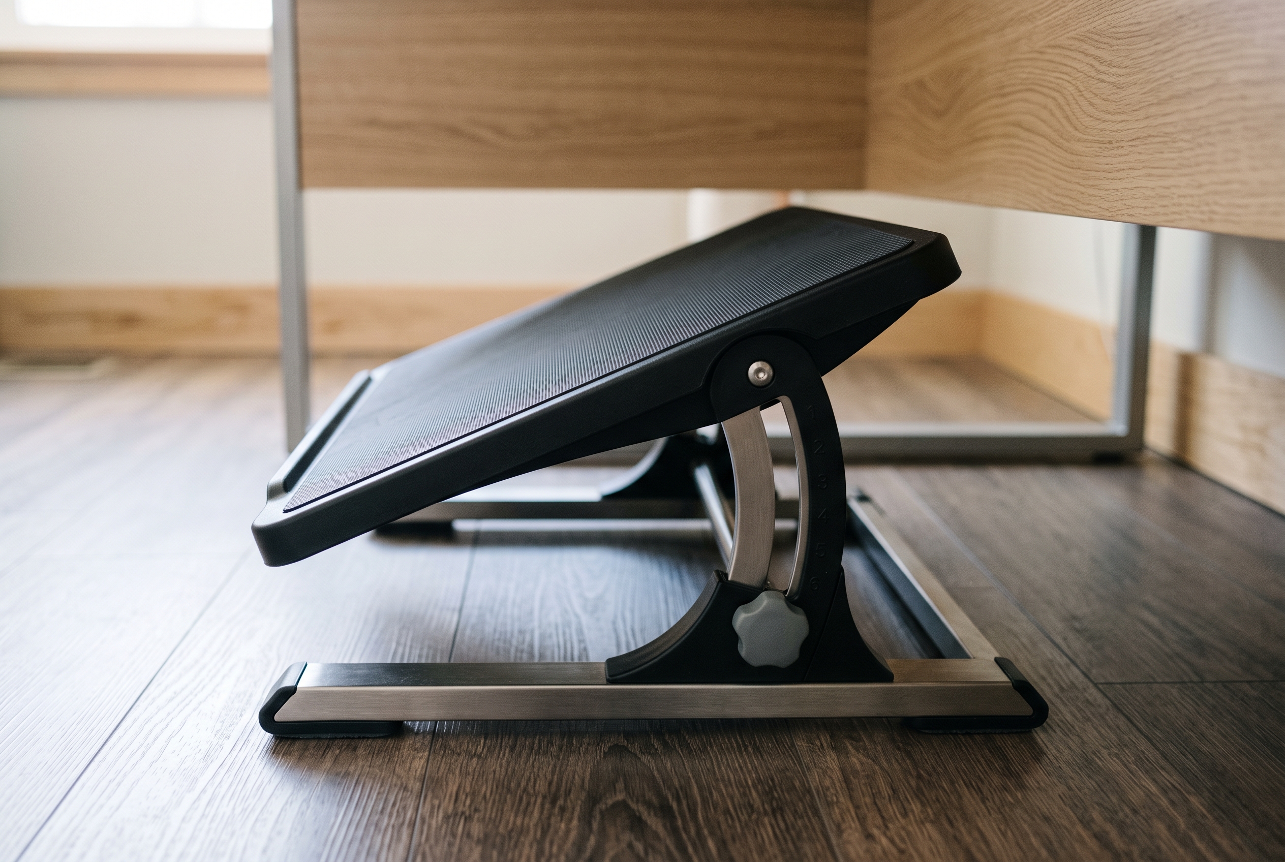 Adjustable footrest under a desk