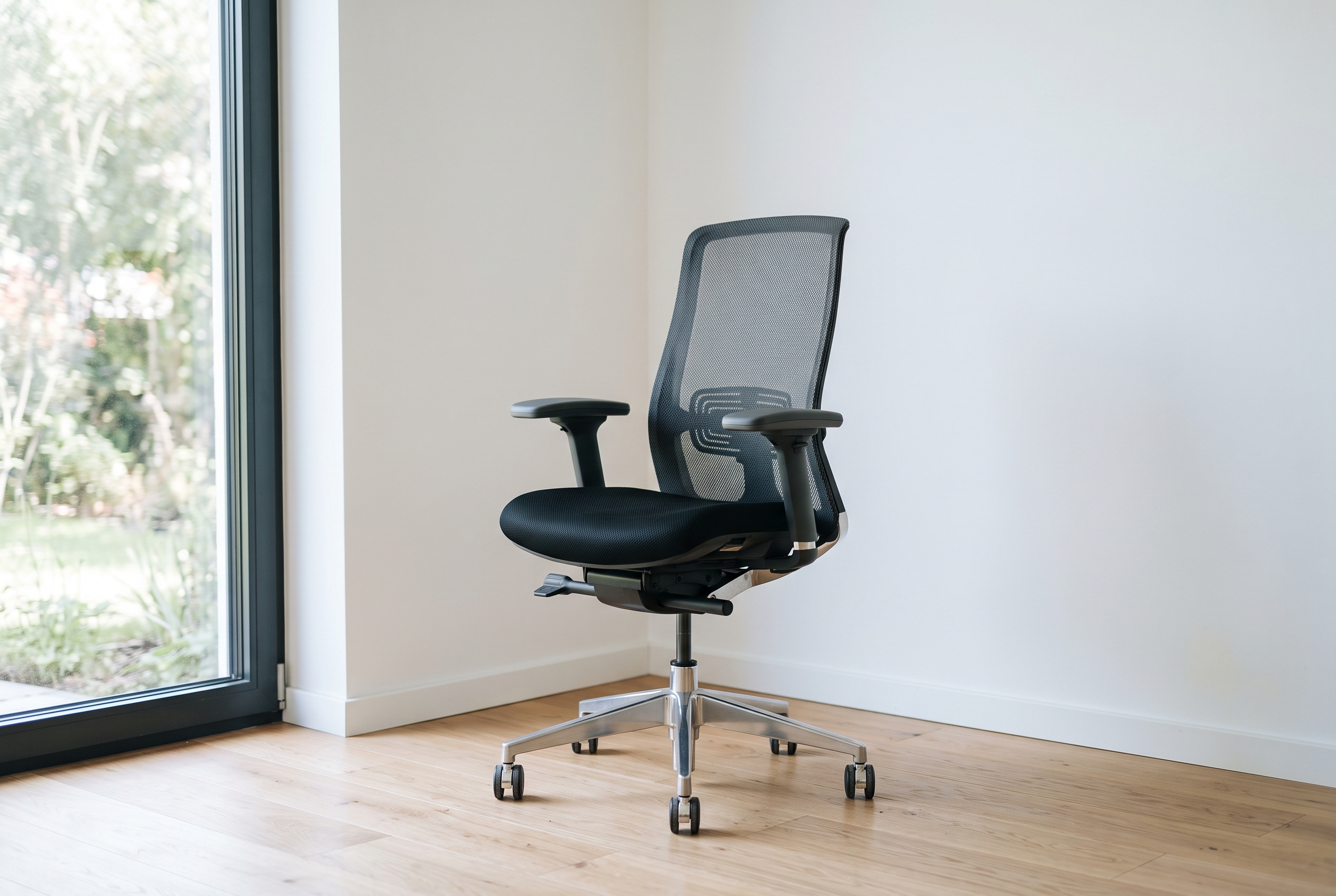 Slim mesh-back ergonomic chair in a small room