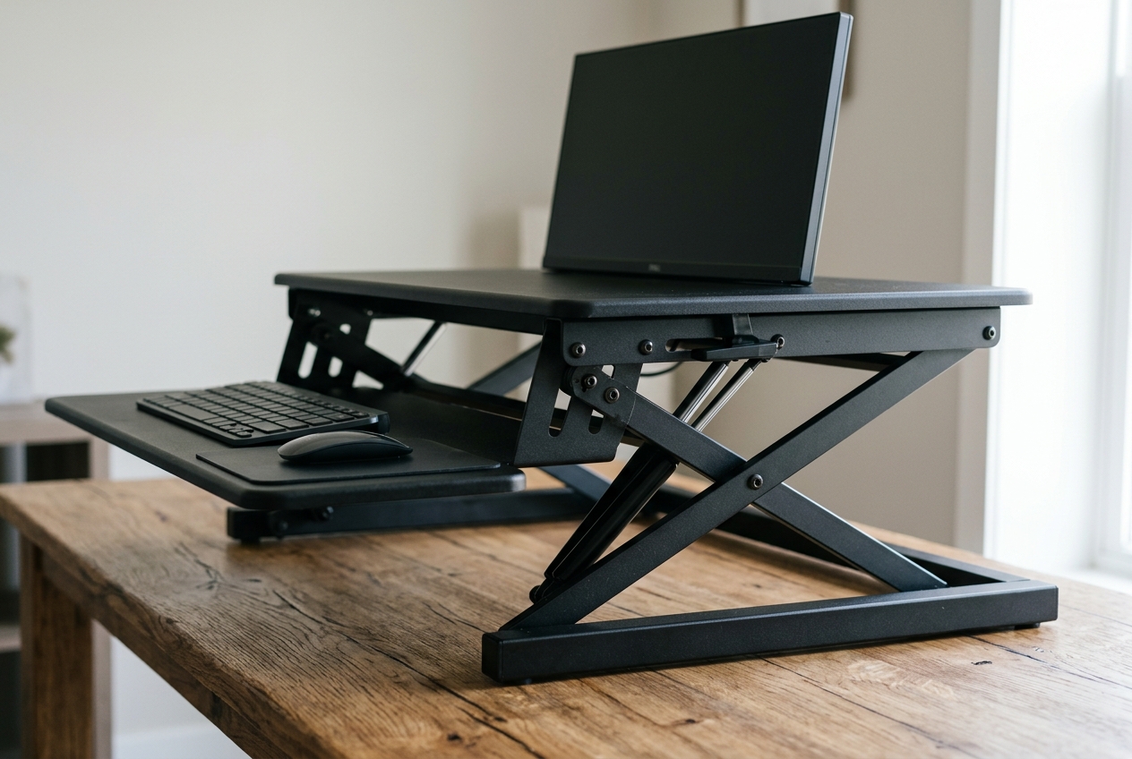 Gas-spring standing desk converter at sitting height with keyboard tray pulled out