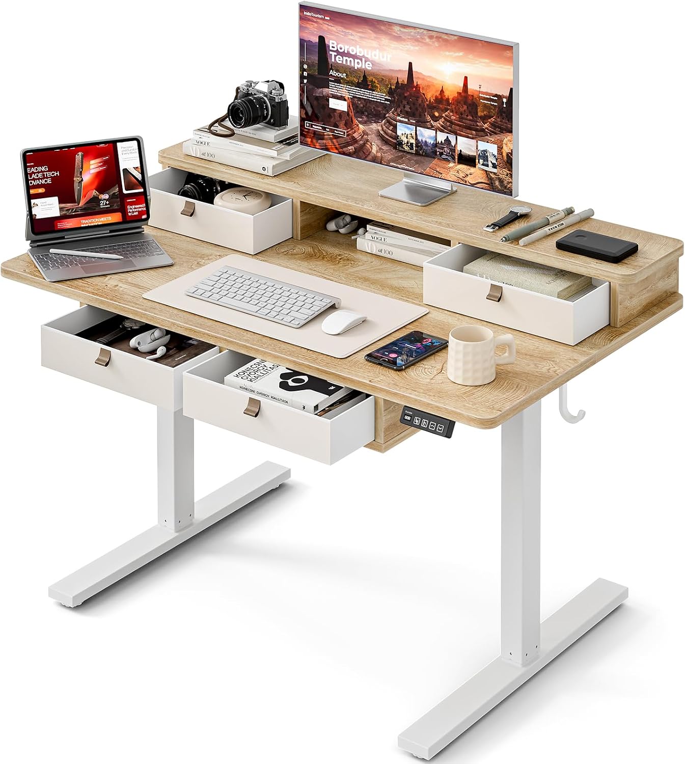 Grandder 47 x 28 inch oak electric standing desk with four drawers and storage shelf, product photo