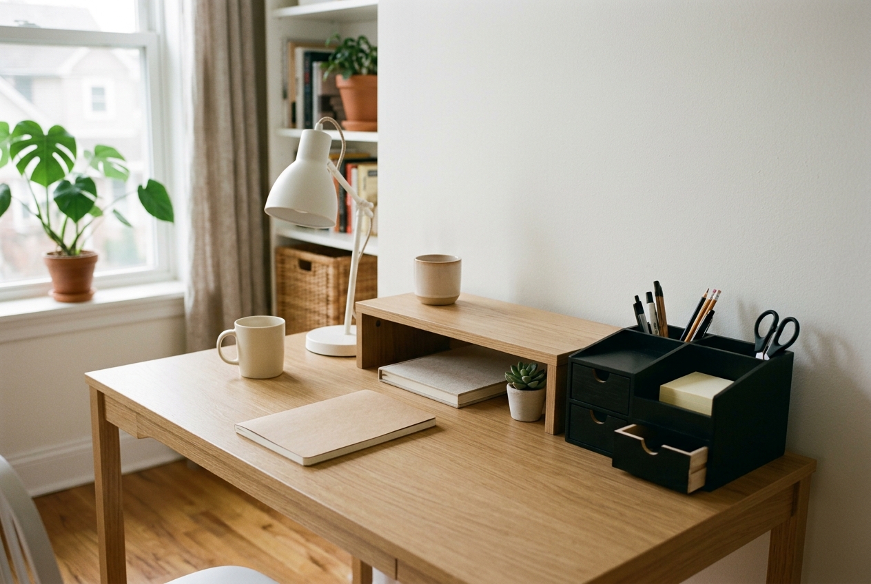 Compact home office desk arranged with a desktop organizer caddy and a wooden monitor riser shelf